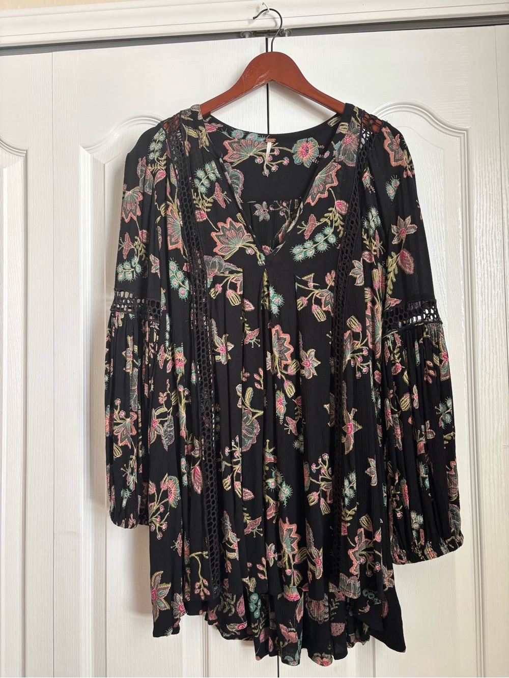 Free People Black Floral Long Sleeve Boho Tunic Dress